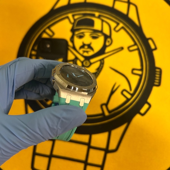 Casio G-Shock GA-2100 “CasiOak” – Silver Custom Bezel, Turquoise Strap, Analog-D - Picture 5 of 11